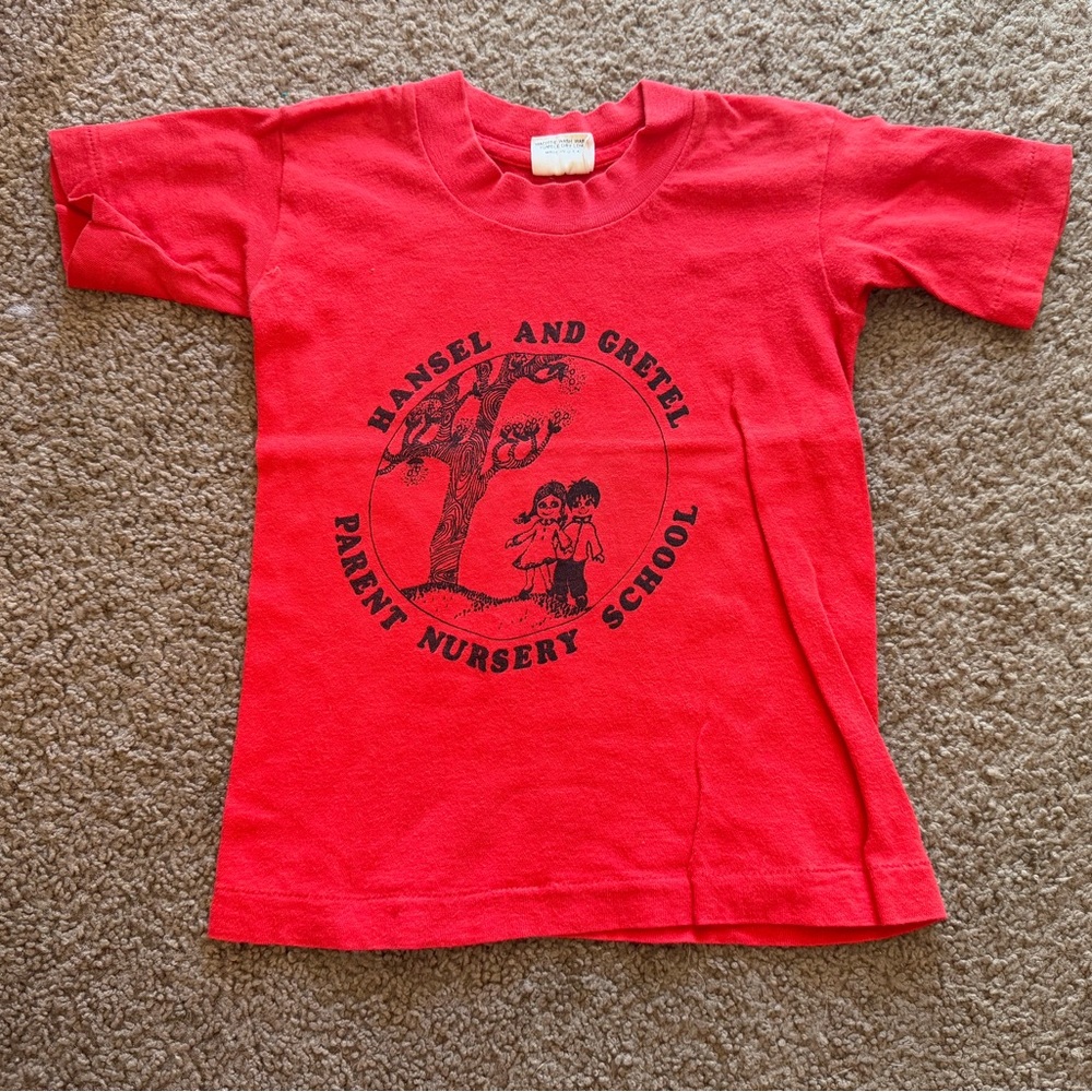 vintage kids short sleeve tee school red hansel and gretel parent nursery trees